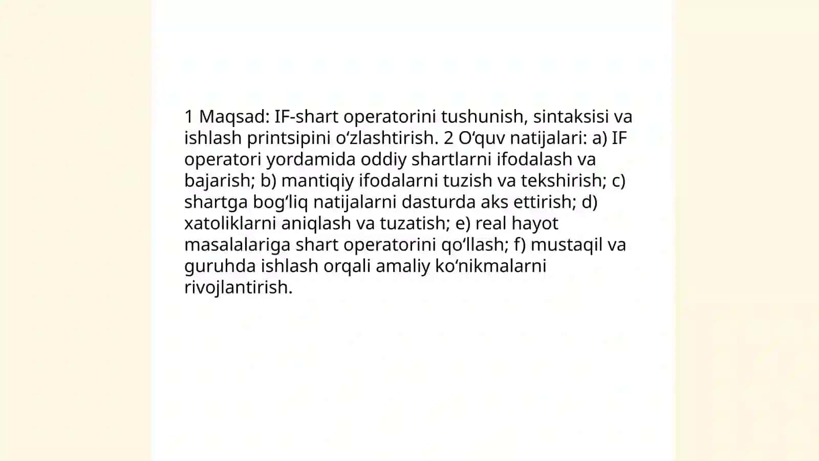 IF-shart operatori bilan tanishish mavzusida 6-sinf texnologiya fanidan ochiq dars ishlanma 3