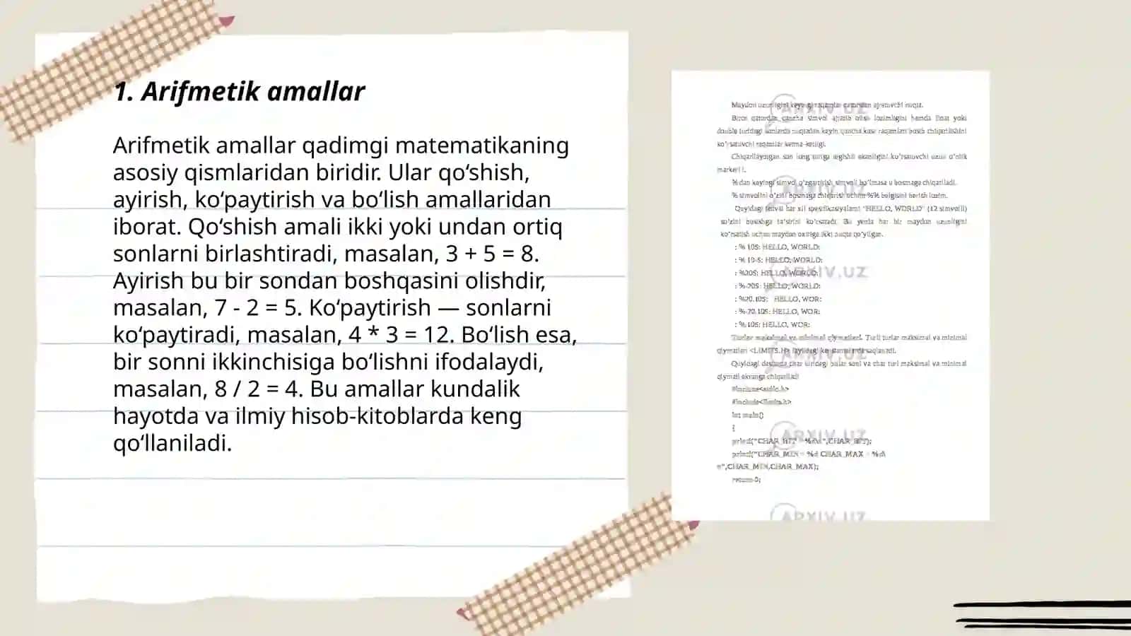 Mashina amallari: arifmetik - mantiqiy, joʻnatish, oʻtish, kiritish chiqarish va sistema amallari 3