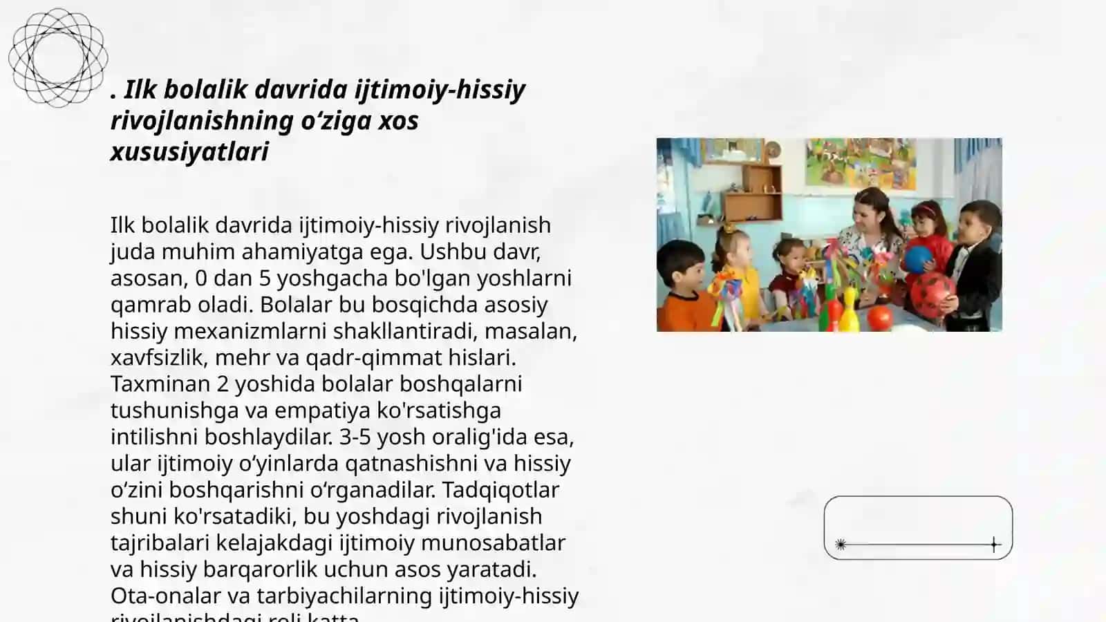 Ilk va 3 yoshgacha bolalarning ijtimoiy-hissiy rivojlanishi va unga qoyilgan talablar 3