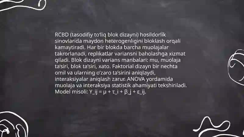 RCBD (tasodifiy to‘liq blok dizayni) hosildorlik sinovlarida maydon heterogenligini bloklash 3