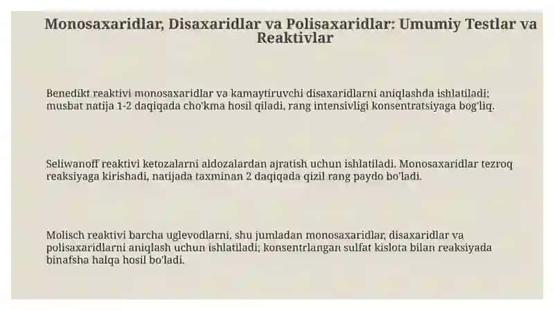 Monosaxaridlar, Disaxaridlar va Polisaxaridlar: Umumiy Testlar va Reaktivlar 3