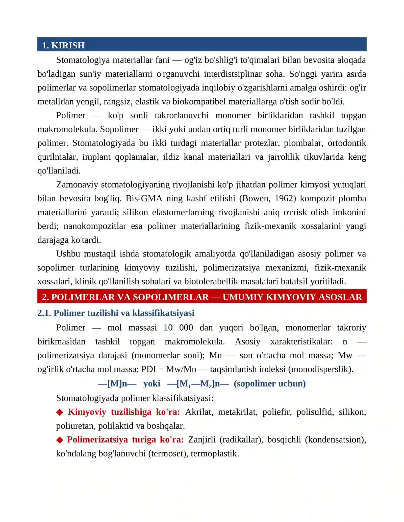 STOMATOLOGIYA YO'NALISHIDA QO'LLANILADIGAN POLIMERLAR VA SOPOLIMERLAR MUSTAQIL ISH 3