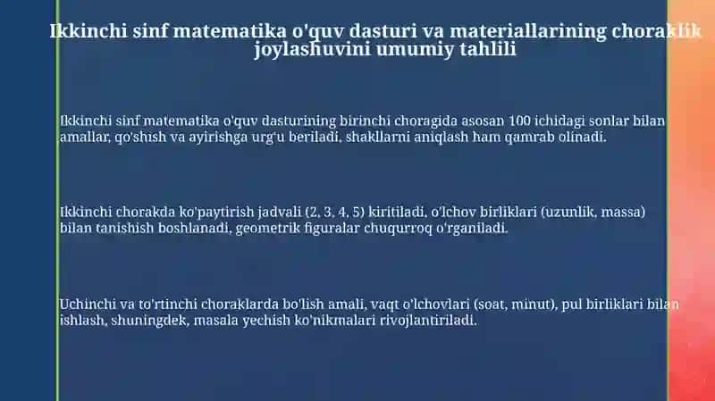 Ikkinchi sinf matematika dasturlari va materiallarning choraklar bo'yicha joylashuvi umumiy tahlili 3
