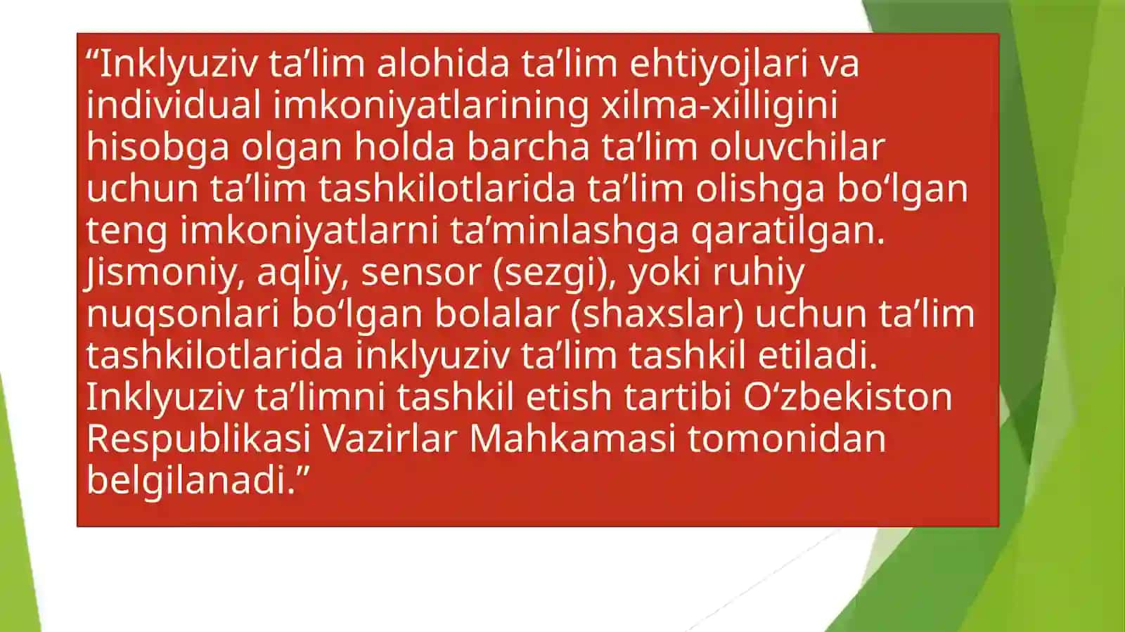 O'zbekistondain klyuziv ta'limning me'yoriy-huquqiy bazasini tahlil qilish 3