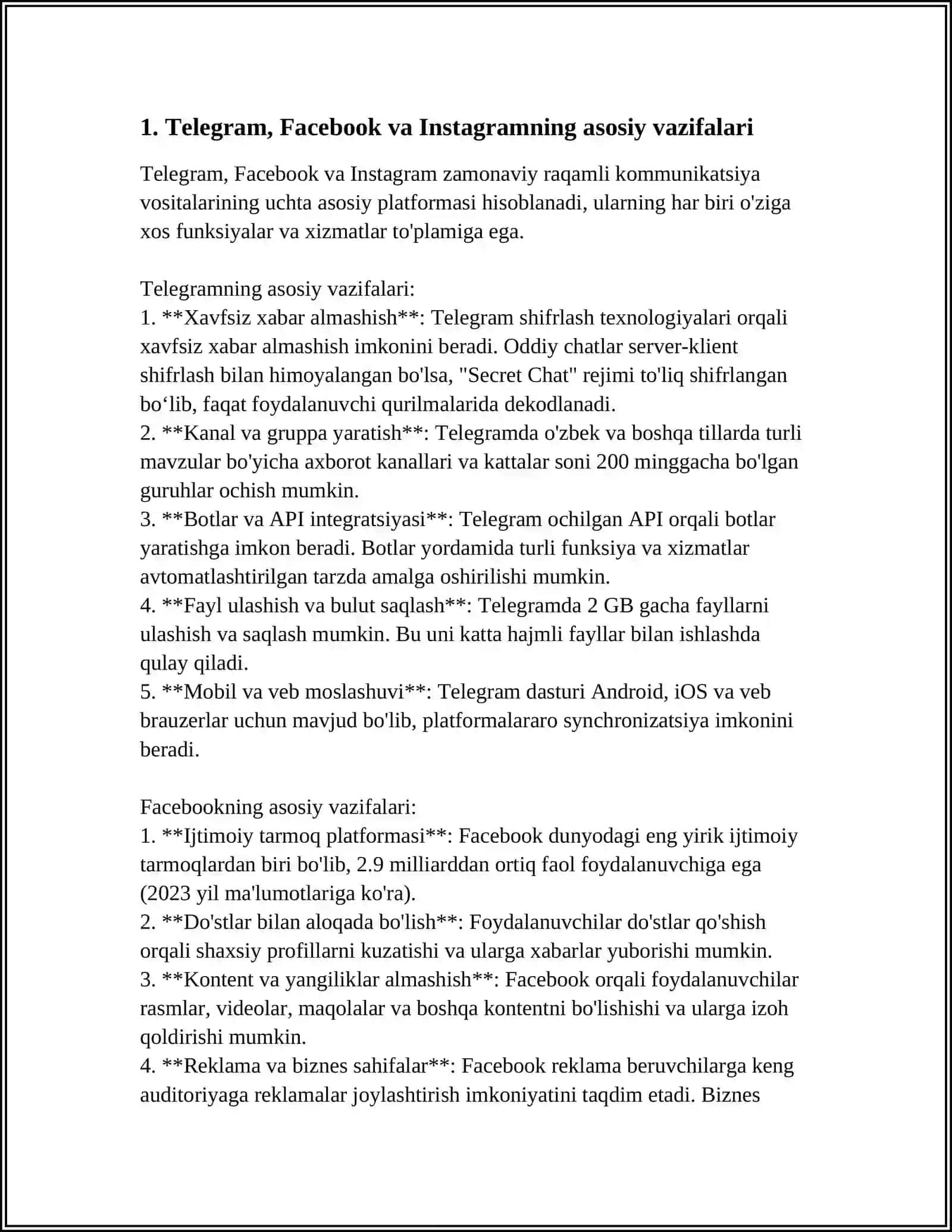 TELEGRAM, FASEBOOK, INSTAGRAMLARNI TUSHUNCHALARI VA QIYOSIY TAHLILI 3