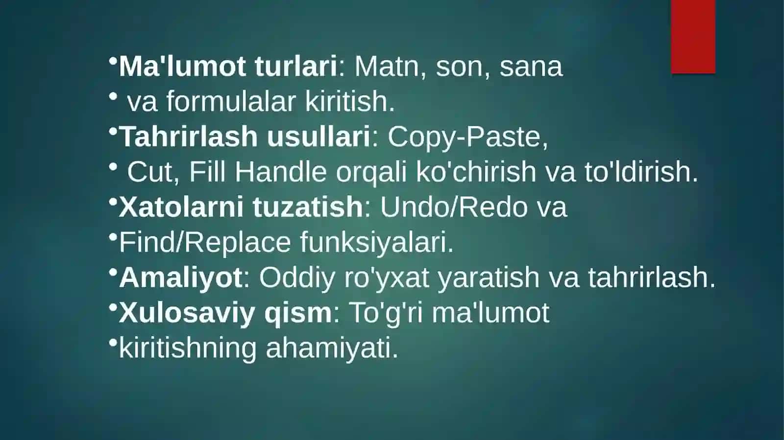 MALUMOTLARNI KIRITISH VA TAHRIRLASH. EXCEL DASTURIDA AVTO TO’LDIRISHLAR VA AVTOHISOBLASHLAR, MATEMATIK VA IQTISODIY MASALALARNI YECHISH 3