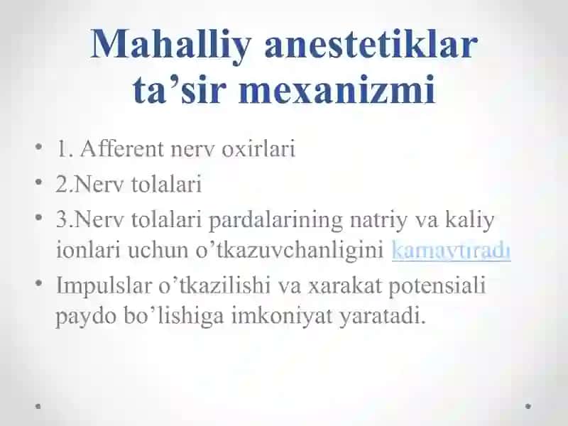Terapevtik stomatologiyada qo’llaniluvchi anestetiklar. Terapevtik stomatologiyada og’riqsizlantirish. Usullar va o’tkazish texnikasi. 3