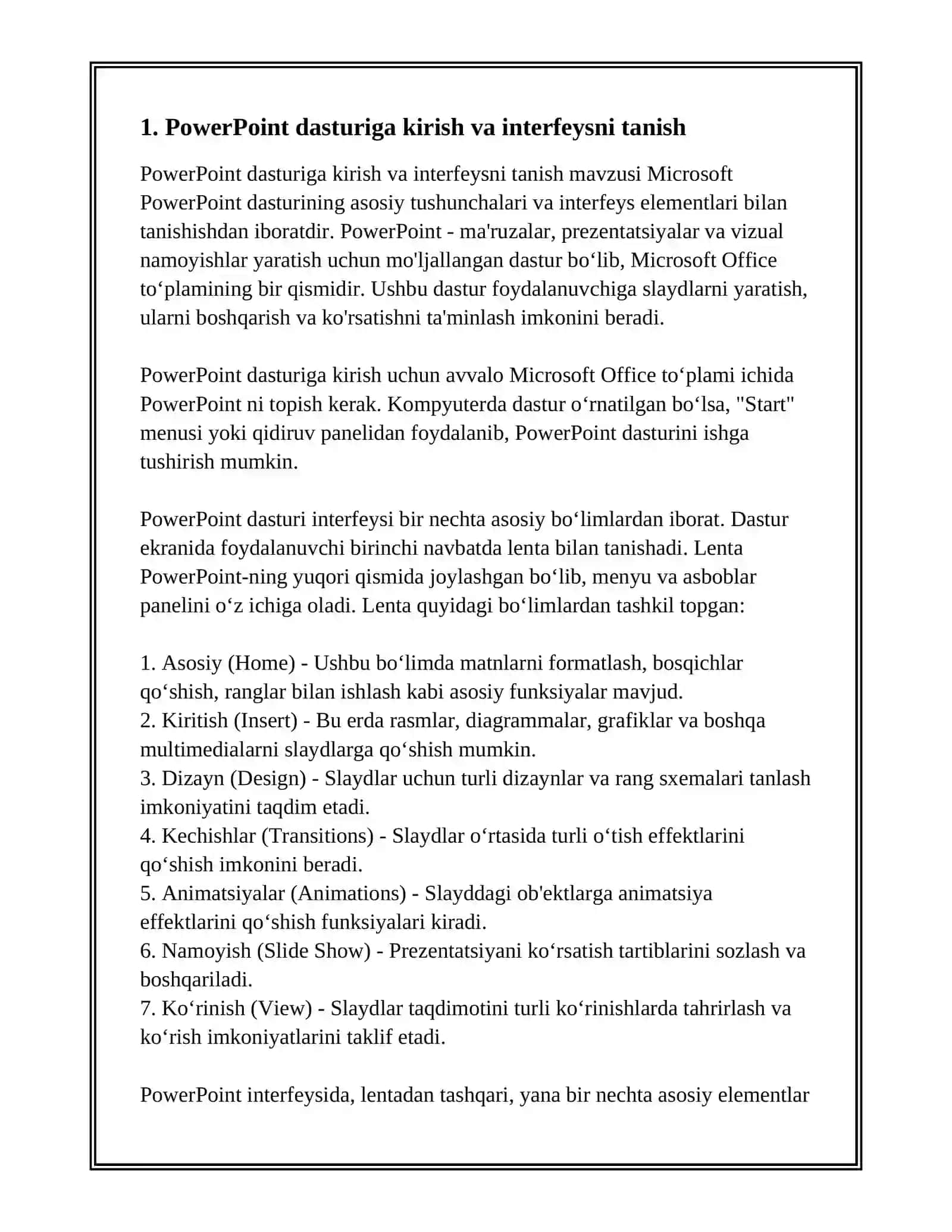 NAMOYISH DASTURLARI.POWER POINT DASTURI VA UNDAN FOYDALANISH ASOSLARI 3