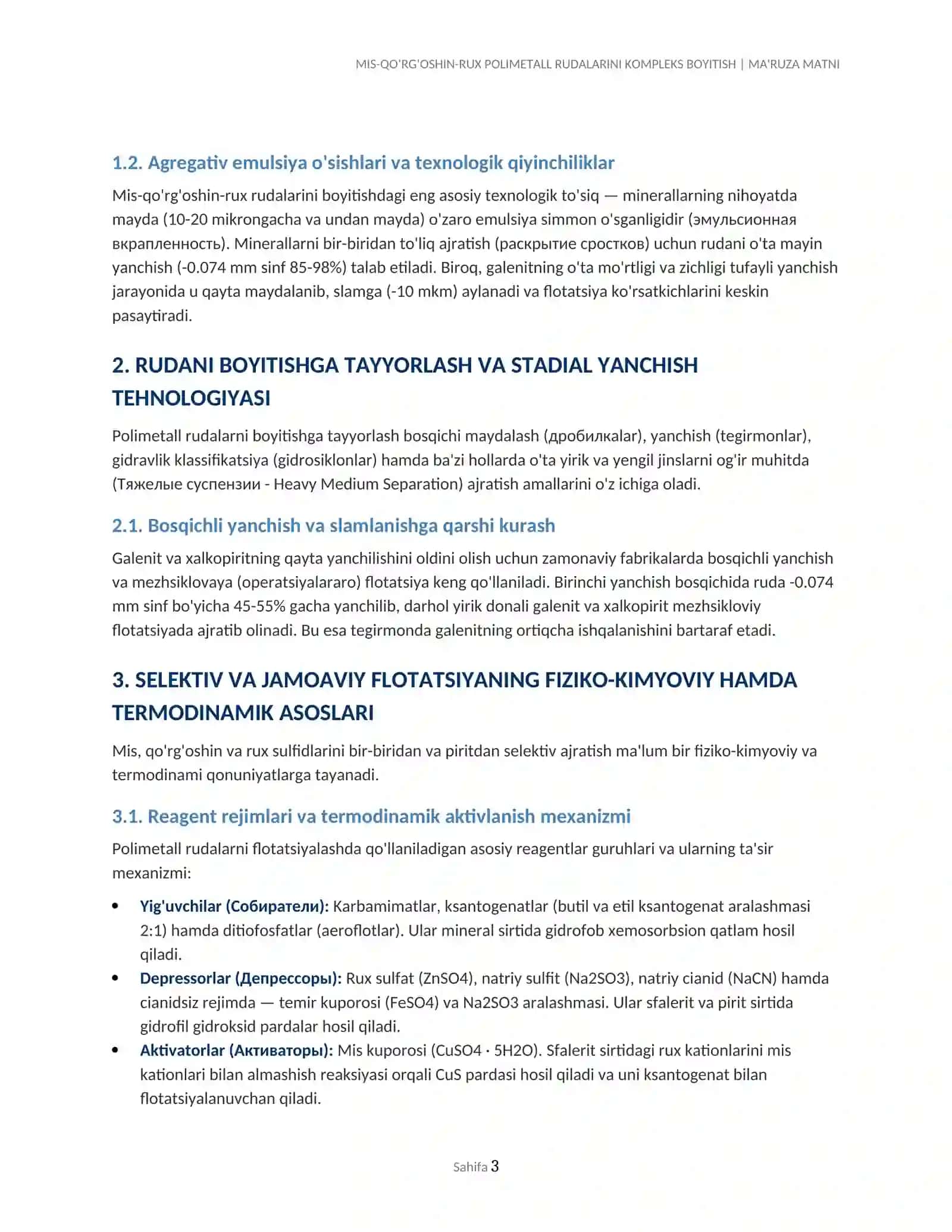 MIS-QO‘RG‘OSHIN-RUX POLIMETALL RUDALARINI KOMPLEKS BOYITISH | MA'RUZA MATNI 3