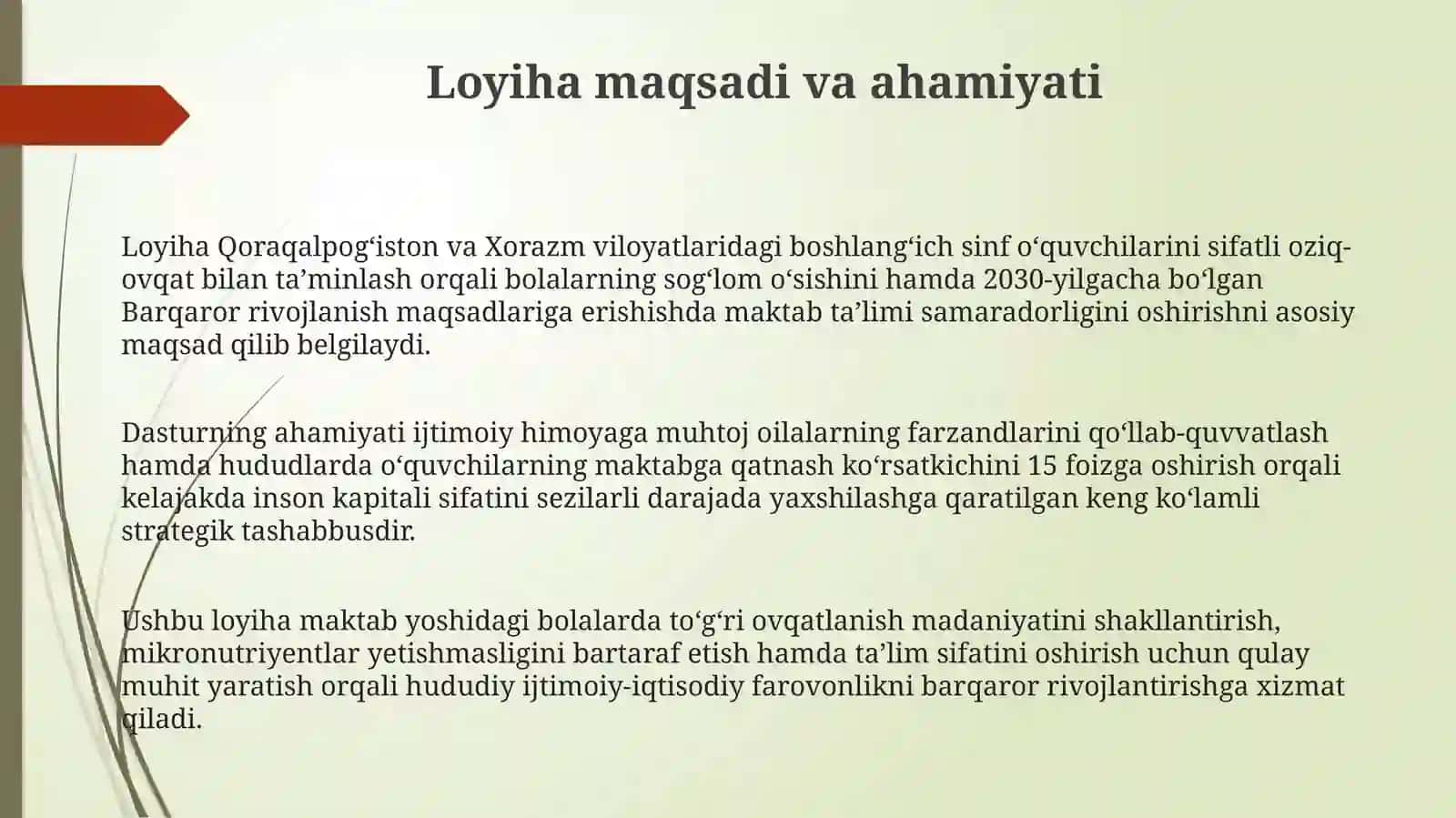 Qoraqalpog‘iston va Xorazm viloyatlari boshlang‘ich sinf o‘quvchilarini sifatli oziq-ovqat bilan ta’minlash loyihasi 3
