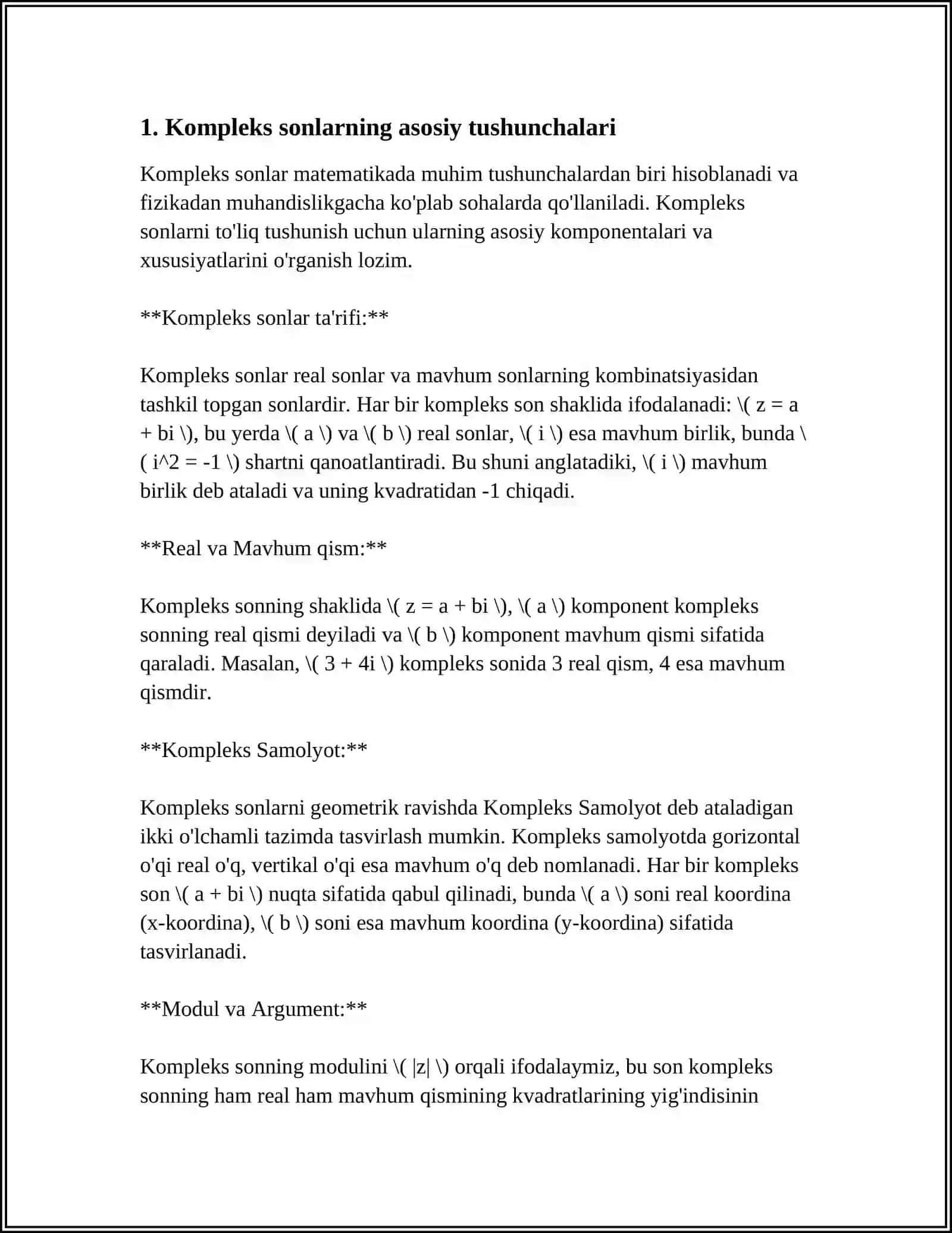 ALGEBRAIK SHAKLDA BERILGAN KOMPLEKS SONDAN ILDIZ CHIQARISH 3