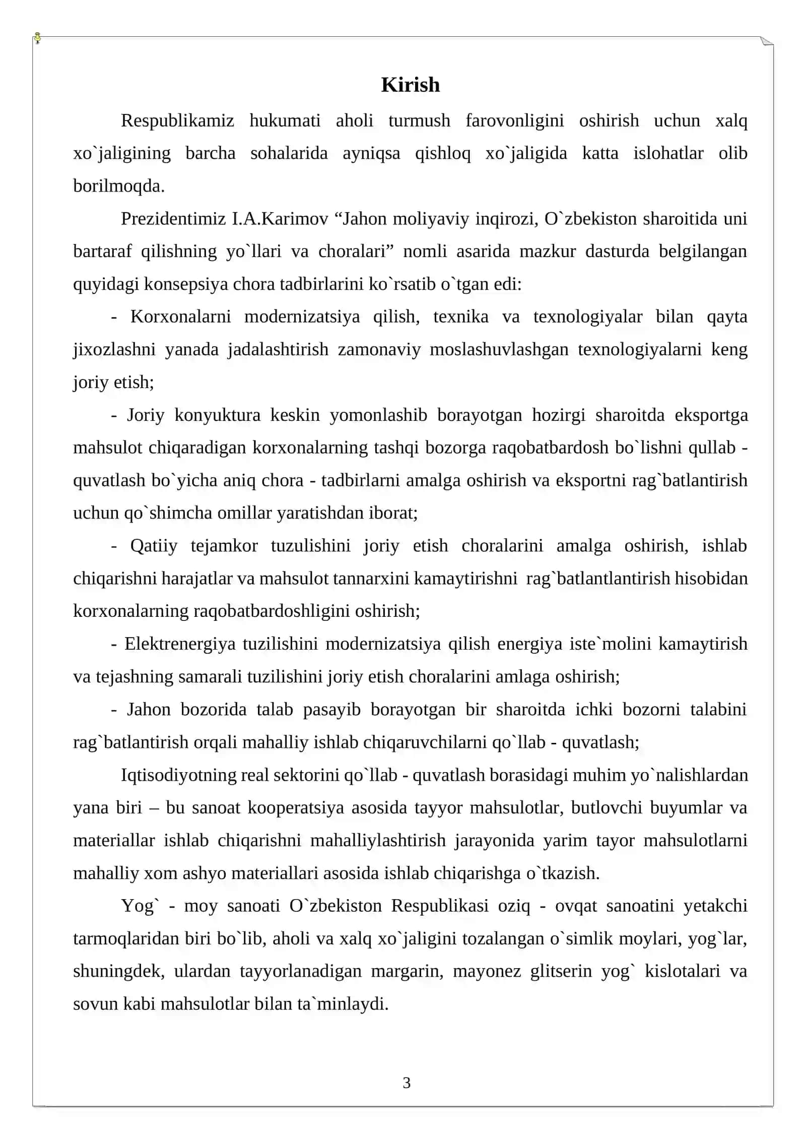 “O`simlik moylari ishlab chiqarish va yog`larni qayta ishlash texnologiyasi” f a n i d a n KURS LOYIHASI 3