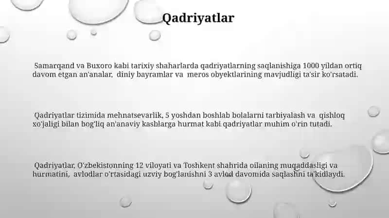 Xalq urf-odatlari, an'analari, bayramlari, milliy qadriyatlar sifatida 3