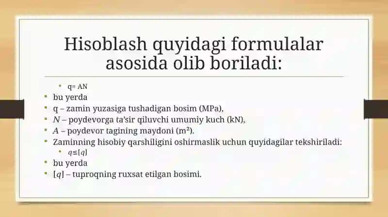 Zaminning yukko'tarishi bo'yicha poy devor hisoblash usullari 3