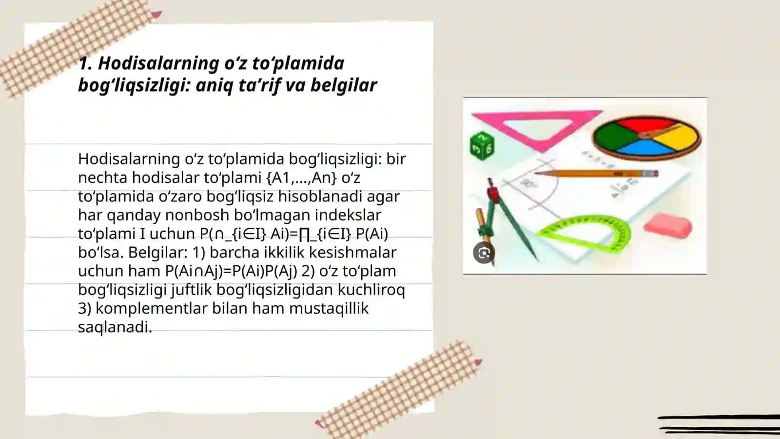 Hodisalarning o‘z to‘plamida bog‘liqsizligi va juft-jufti bilan bog‘liqsizligi orasidagi munosabat. Bernshteyn misoli 3