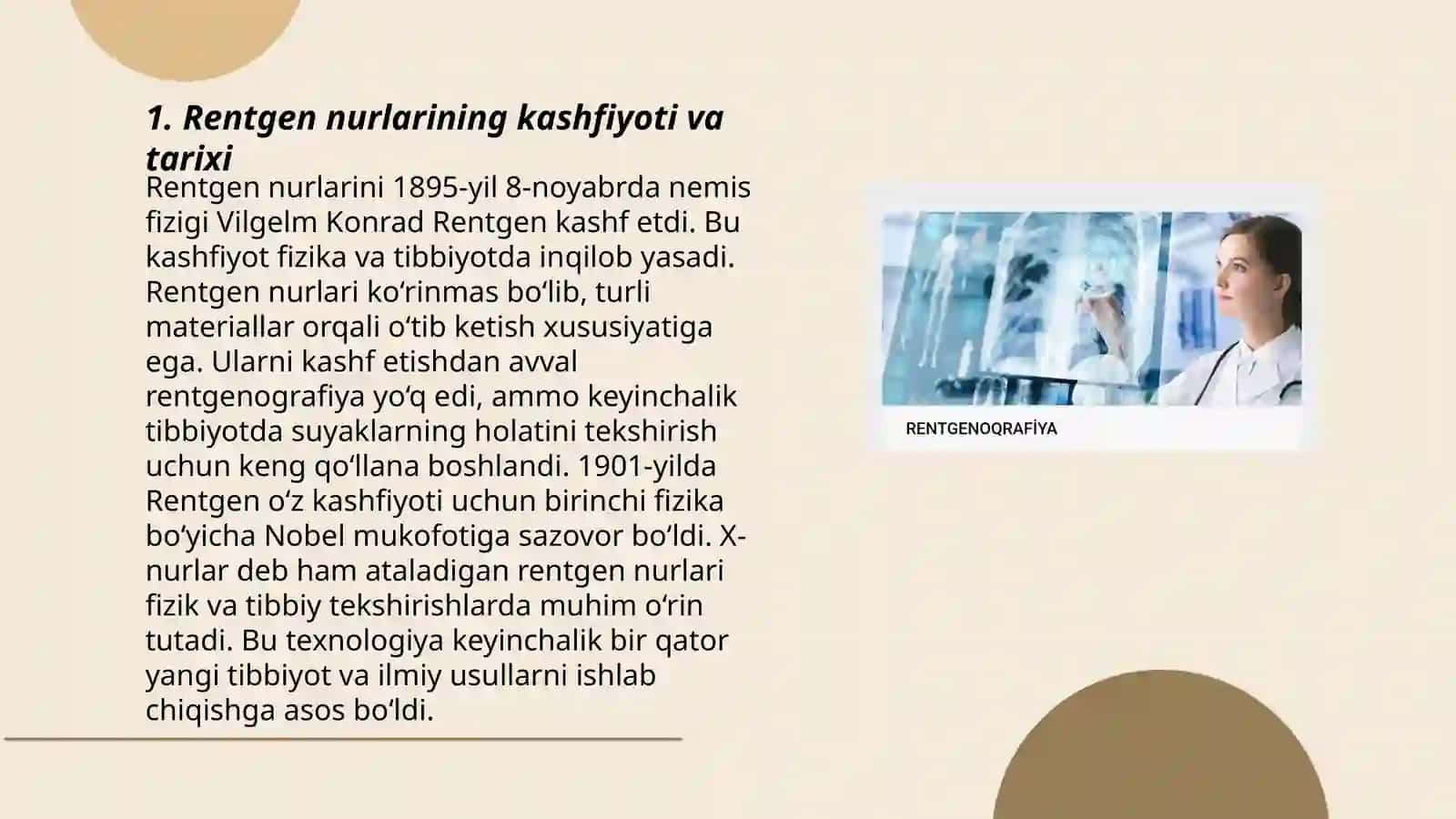 Rentgen nurlarini o'rganish tarixi,suyak va bo'g'imlar rivojlanishini rentgen nurlari yordamida o'rganish. Rentgenanatomiyada yangi texnologiyalar 3
