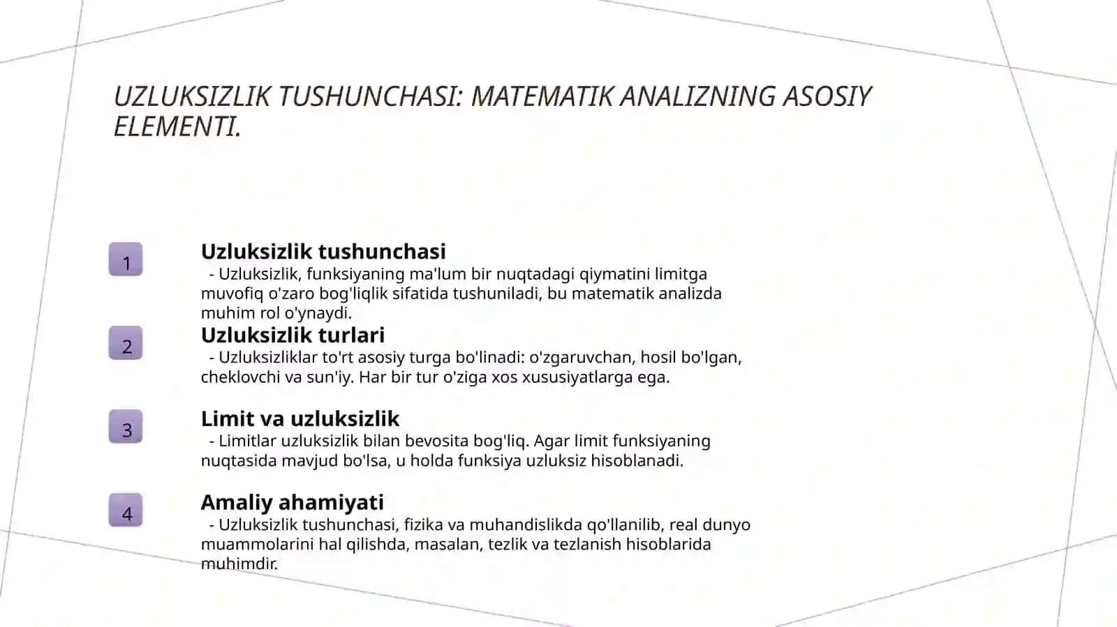 Funksiyaning uzluksizligidan foydalanib baʼzi bir limitlarni hisoblash uzilishlarni sinflash 3