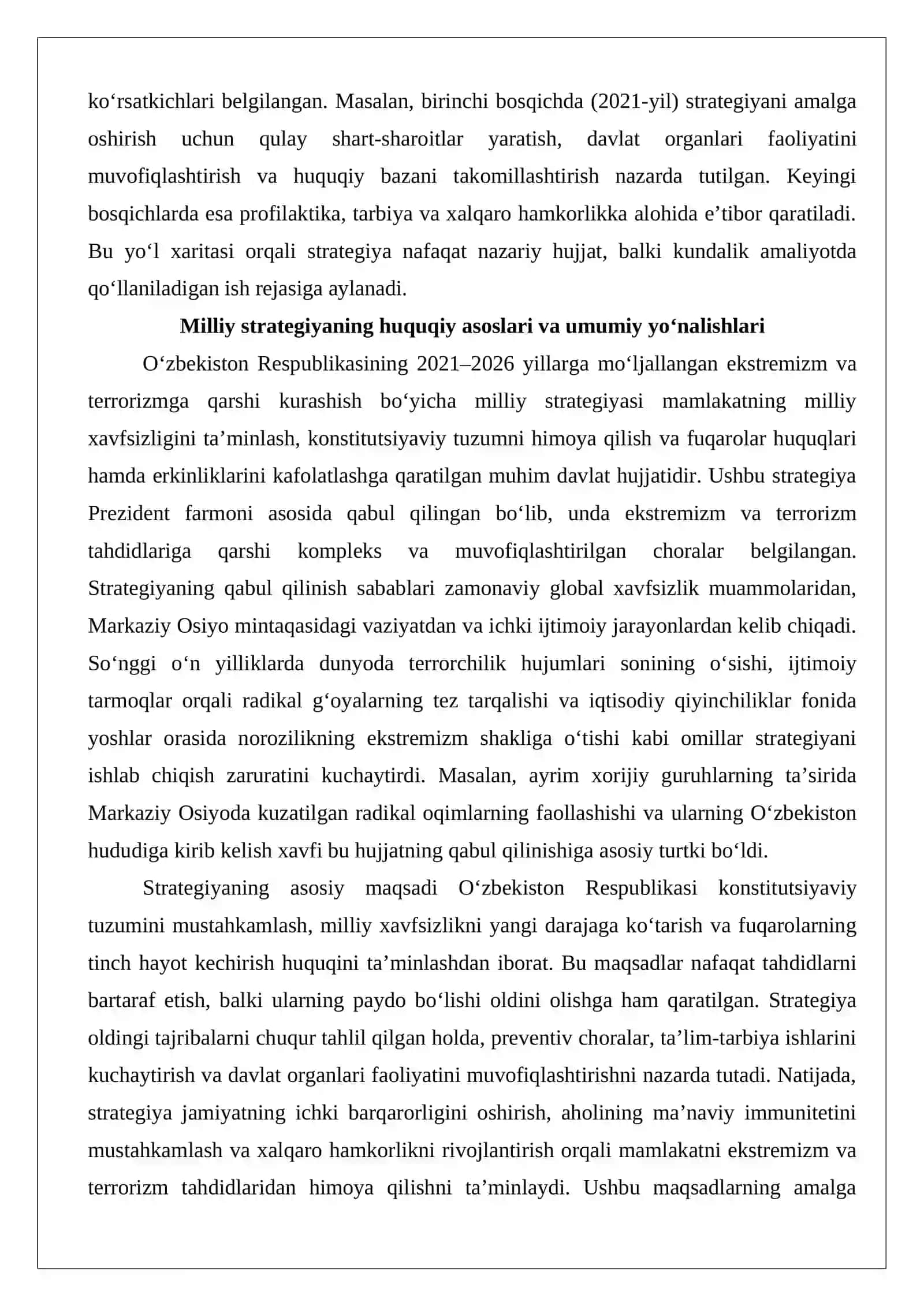 2021 — 2026-yillarga mo‘ljallangan ekstremizm va terrorizmga qarshi kurashish bo‘yicha O‘zbekiston respublikasi milliy strategiyasidagi Yo’l xaritasini mazmuni 3