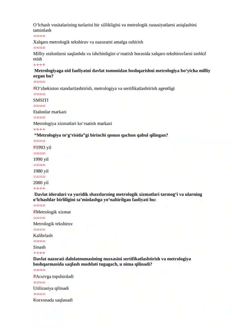 METROLOGIYA, STANDARTLASHTIRISH VA SERTIFIKATLASHTIRISH FANIDAN YAKUNUY NAZORAT TESTLARI 3