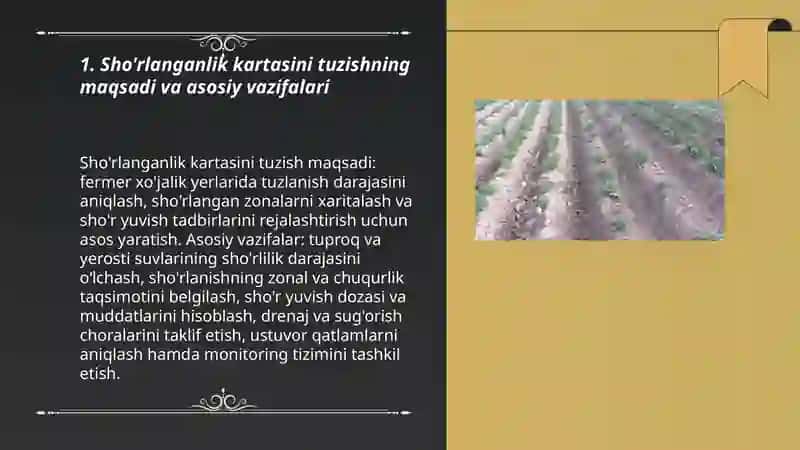 Fermer xo'jalik yerlarining sho'rlanganlik kartasini tuzish va uning asosida sho'r yuvishni rejalashtirish 3