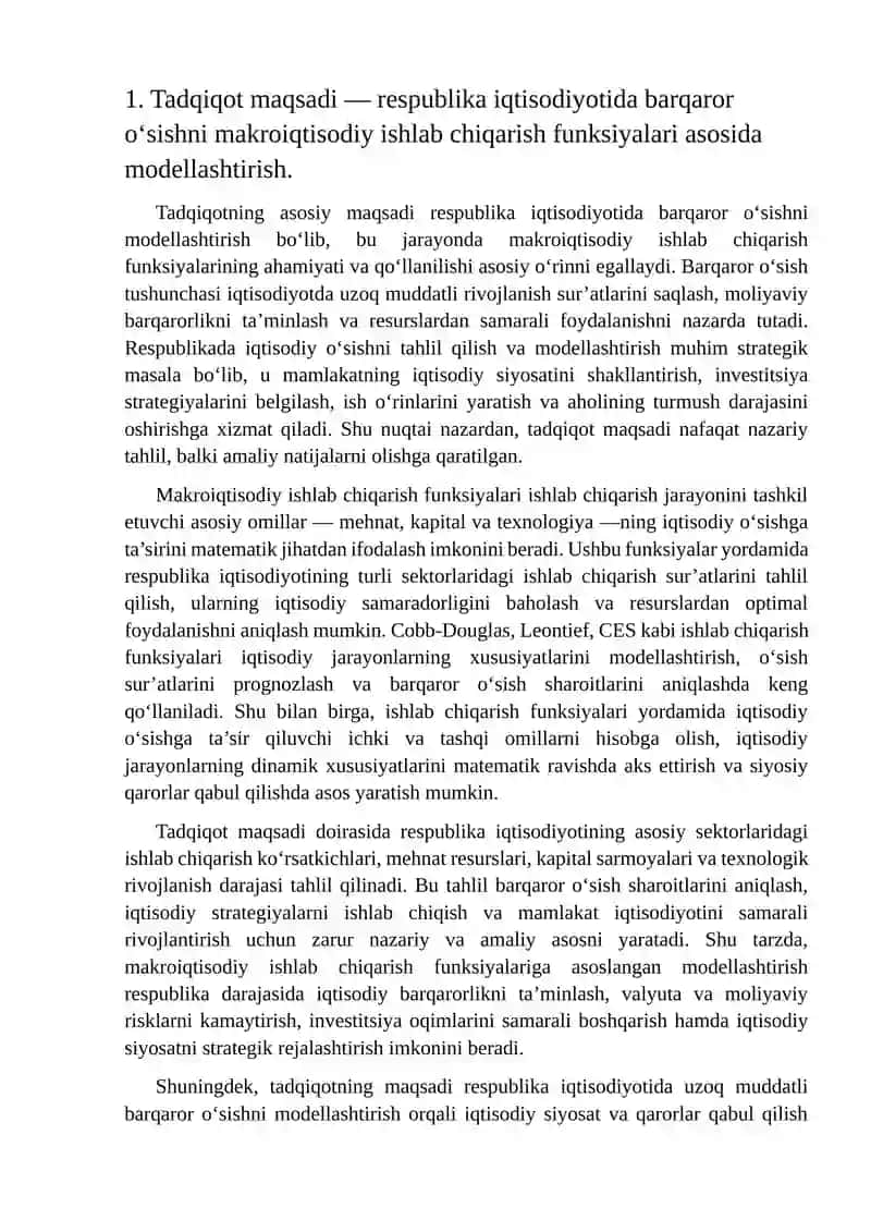 Makroiqtisodiy ishlab chiqarish funksiyalari asosida respublika barqaror o'chishni modellashtirish 3