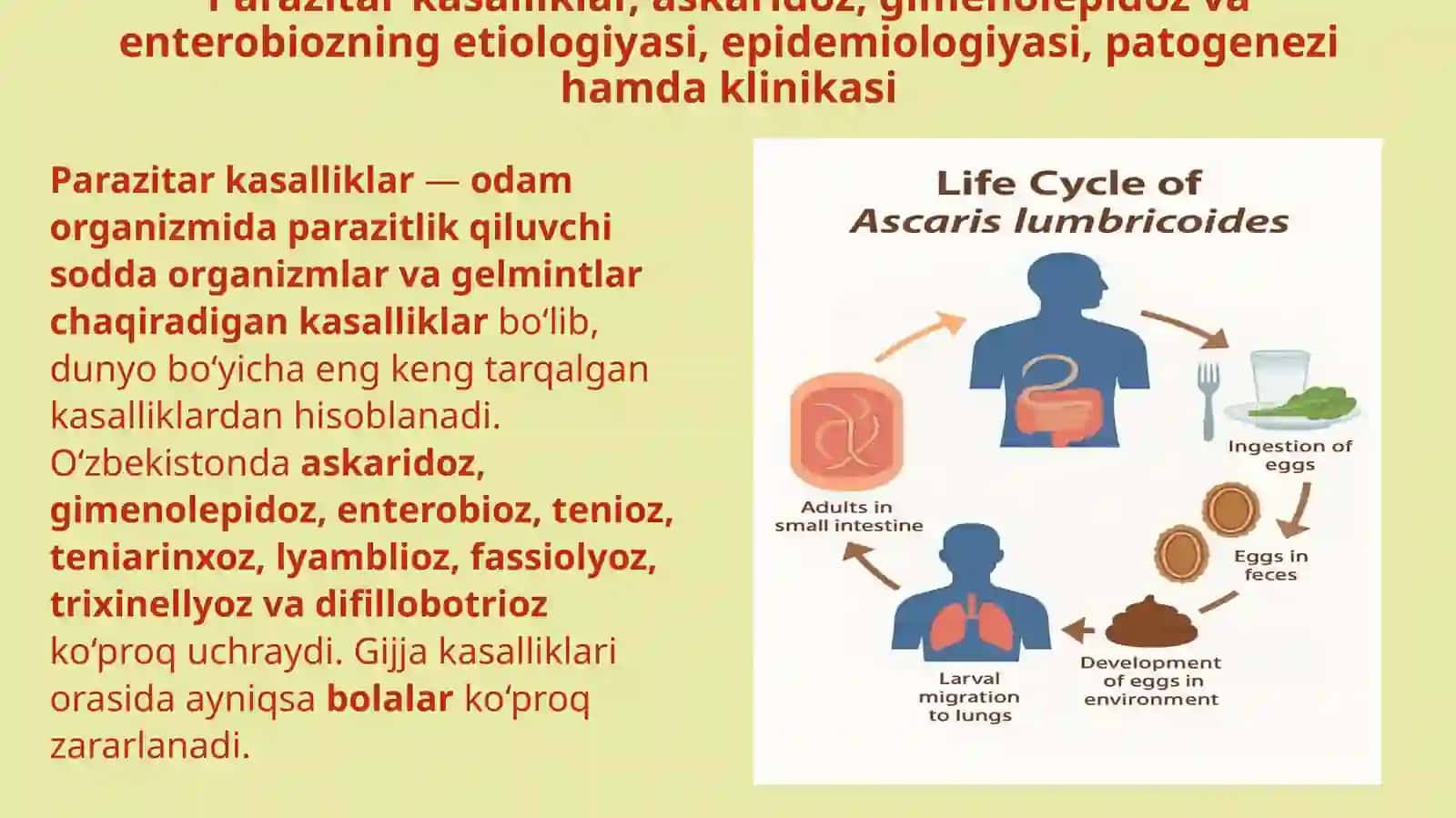 Oʻzbekistonda keng tarqalgan parazitar kasalliklar(askaridoz,gimenolepidoz,enterobioz,tenioz,teniari 3