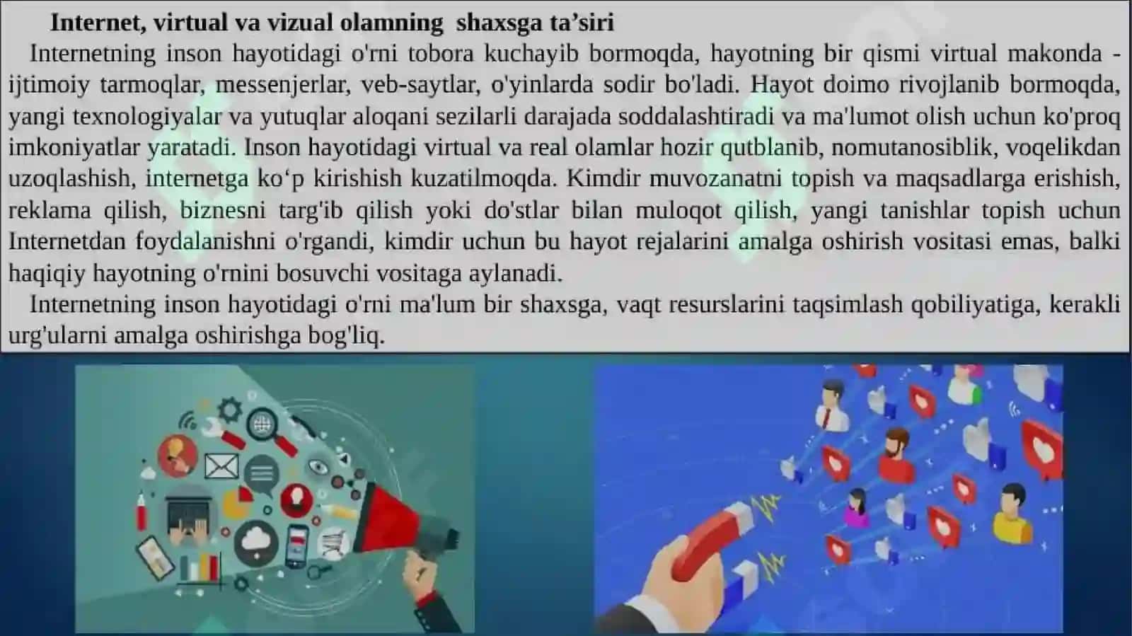 Tibbiyotda axborot texnologiyalari fanida "Intirnet, virtual va vizual olamning shaxsga tasiri" mavzusida mustaqil ish 3