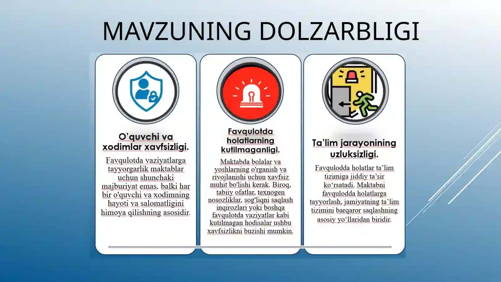 MAKTABNI FAVQULOTDA HOLATLARGA TAYYORLASH 3