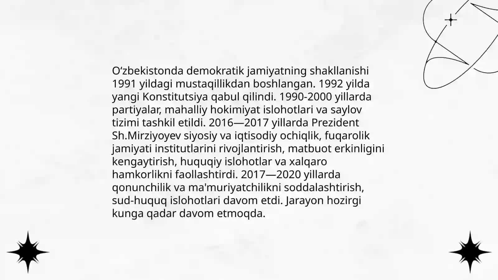 Oʻzbekistonda demokratik jamiyati asoslarining shakllanishi,amalga oshirilgan siyosiy islohotlar 3