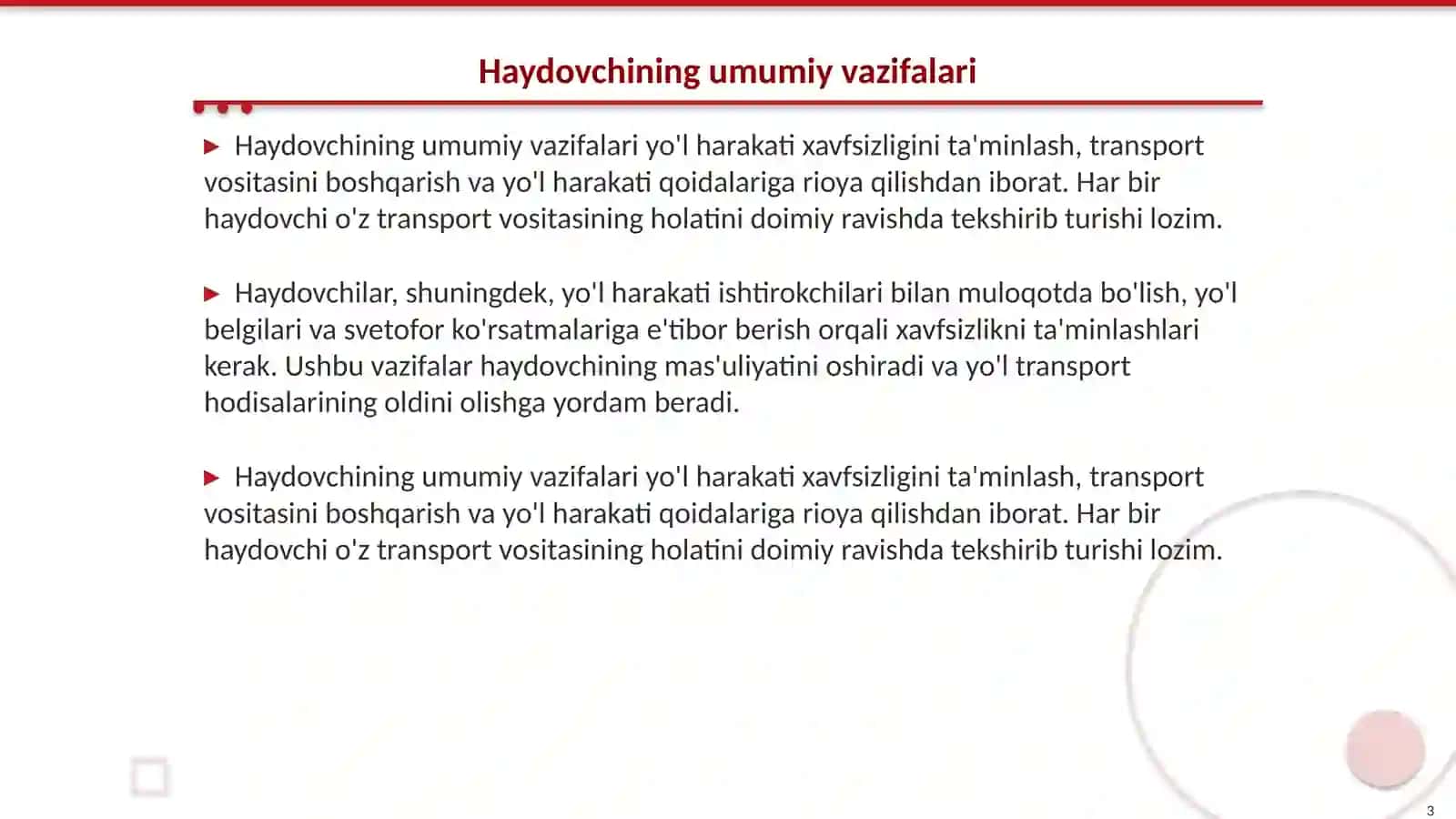 Haydovchining umumiy vazifalari 3