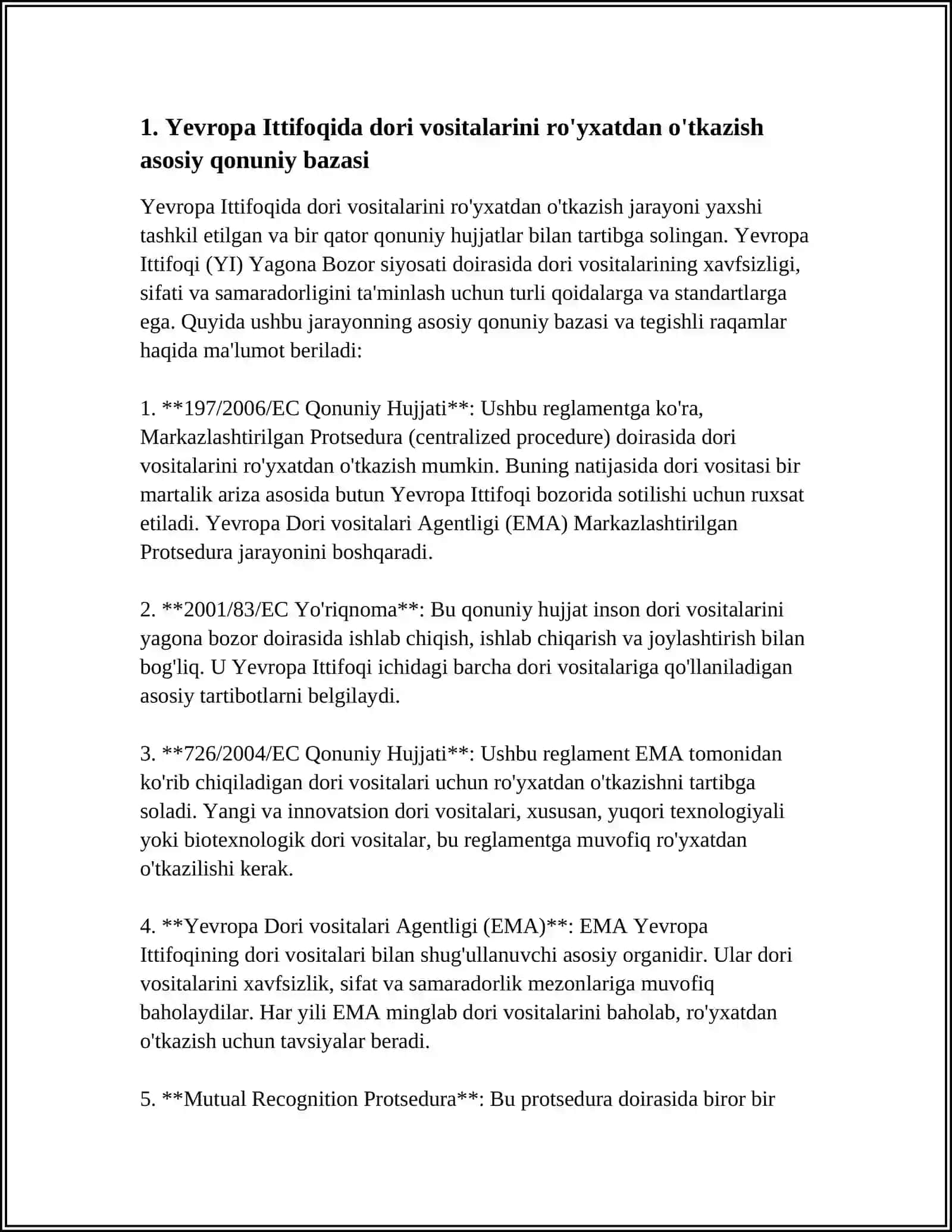 REFERAT: EVROPA ITTIFOQIDA DORI VOSITALARINI DAVLAT RO'YXATIDAN O'TKAZISH TARTIBI 3
