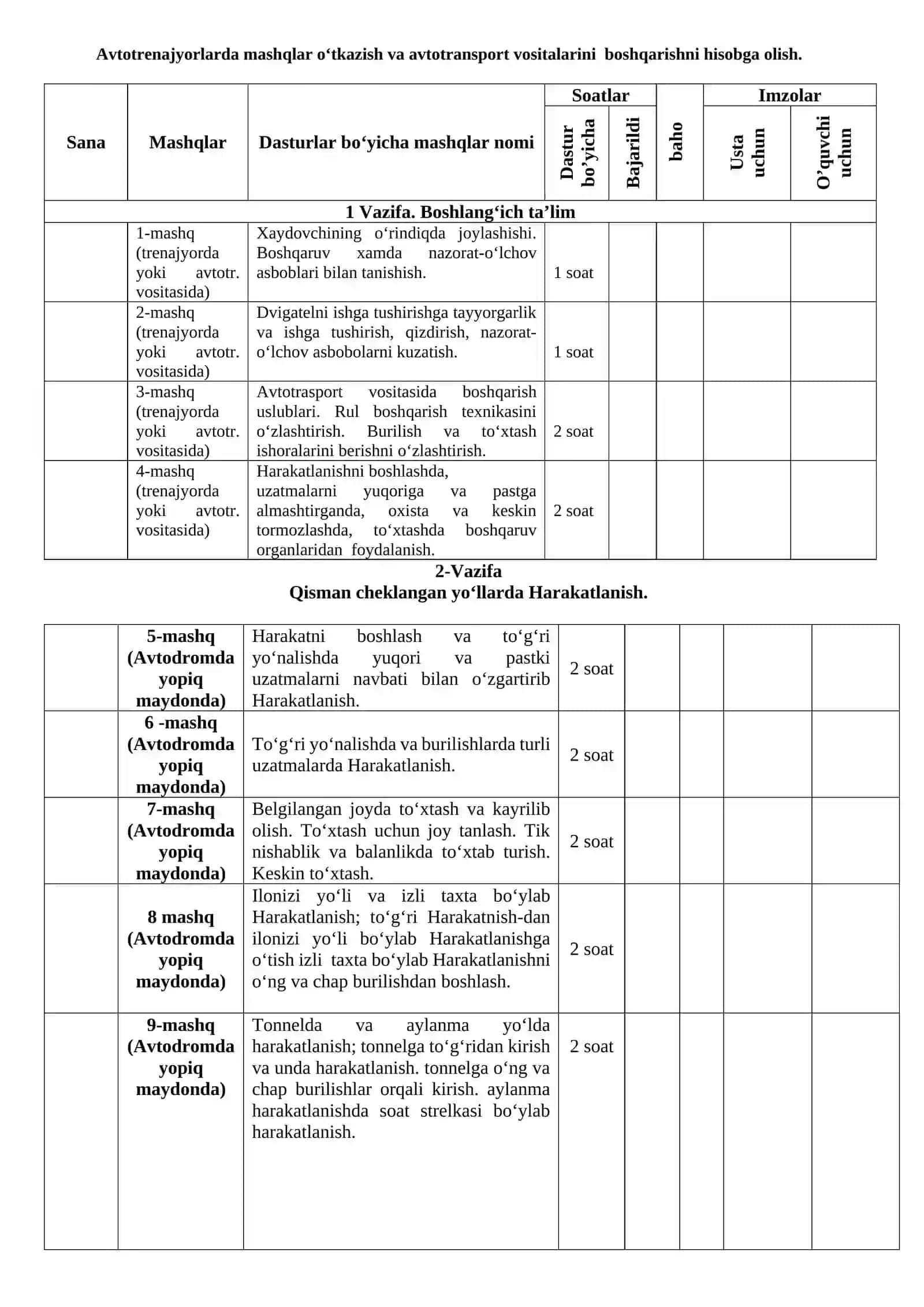 “B” toifadagi avtotransport vositalarini boshqarish bo‘yicha o‘tkazilgan mashg‘ulotlarni hisobga olish SHAXSIY KITOBCHASI 3