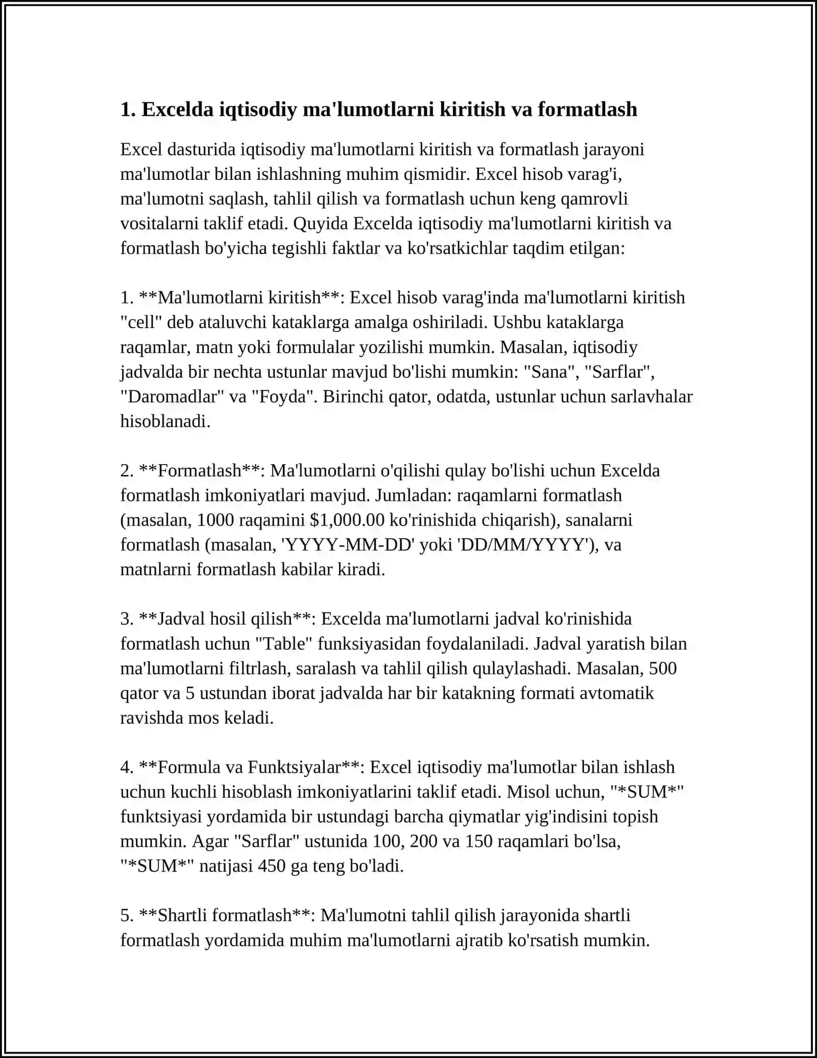 EXCELDA ELEKTRON JADVALIDA IQTISODIY MASALALARNI YECHISH VA NATIJALARNI DIAGRAMMA KOʻRINISHIDA TASVIRLASH 3