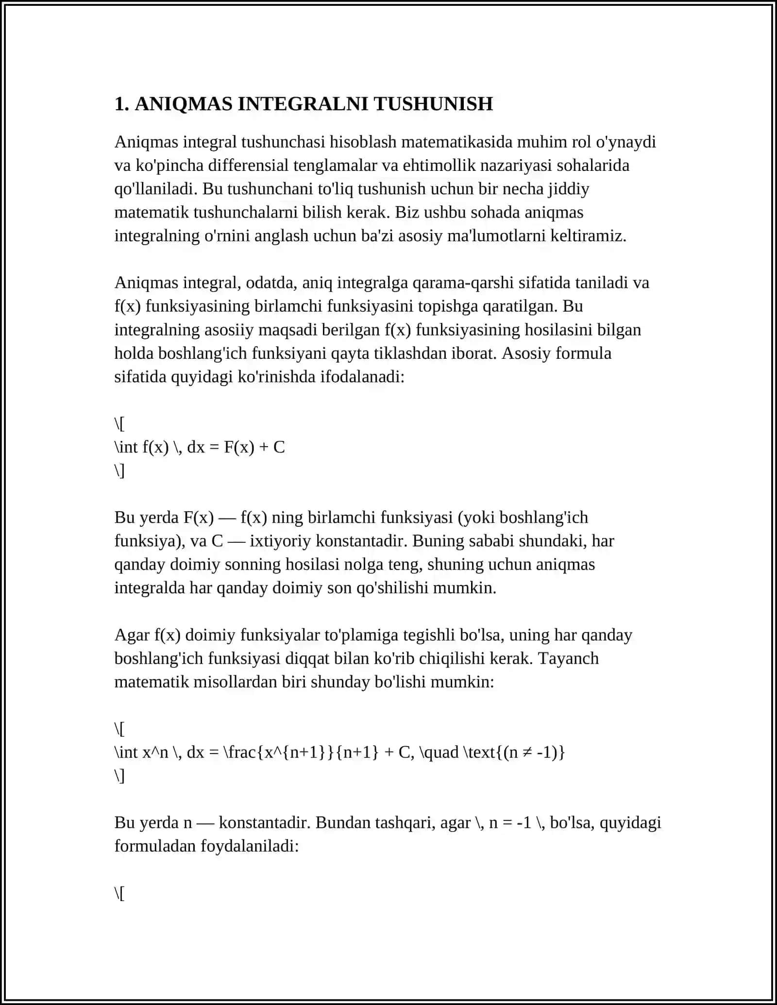 MUSTAQIL ISH Mavzu: ANIQMAS INTEGRAL VA INTEGRALLASH METODLARI 3