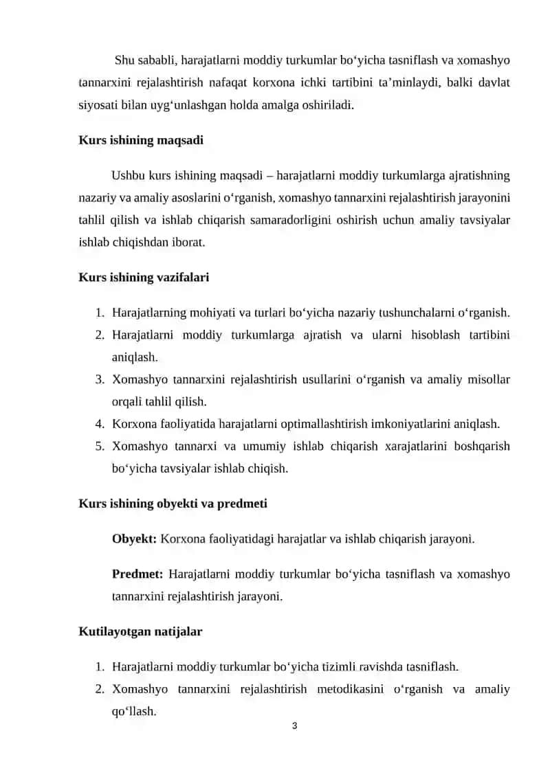 Harajatlarni moddalar bo'yicha turkumlash va xomashyo tannarxini rejalashtirish 3