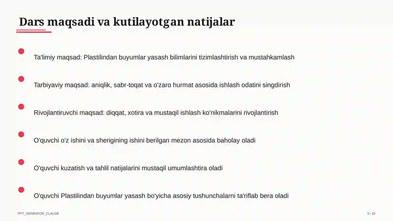 Plastilindan buyumlar yasash (1-sinf) 3