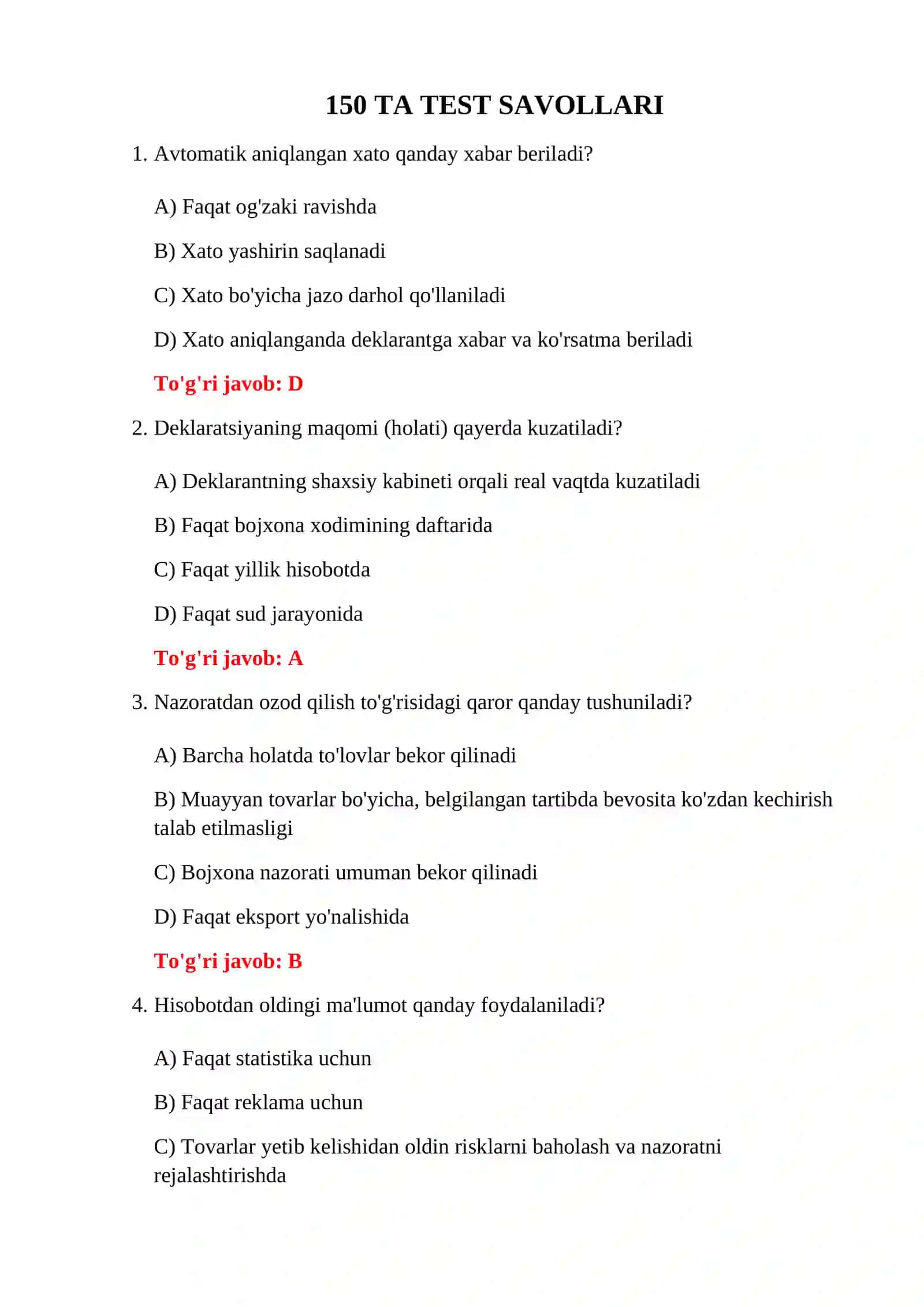 BOJXONA RASMIYLASHTIRISH TARTIBI TESTLARI 3