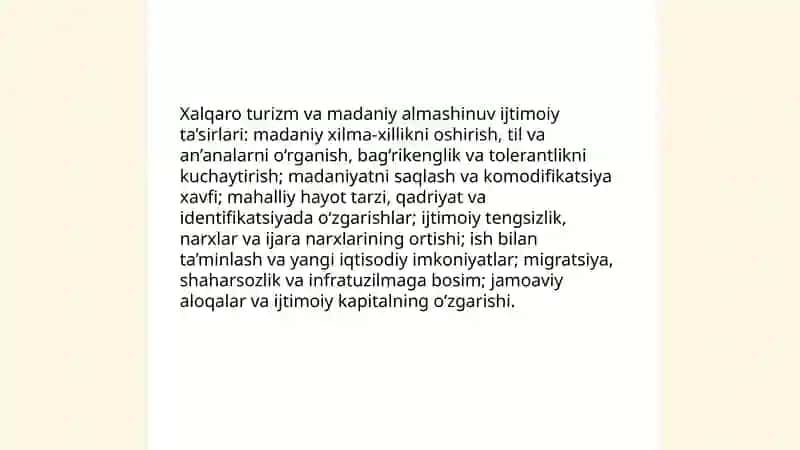 Xalqaro turizmning ijtimoiy va madaniy ta’sirlari 3