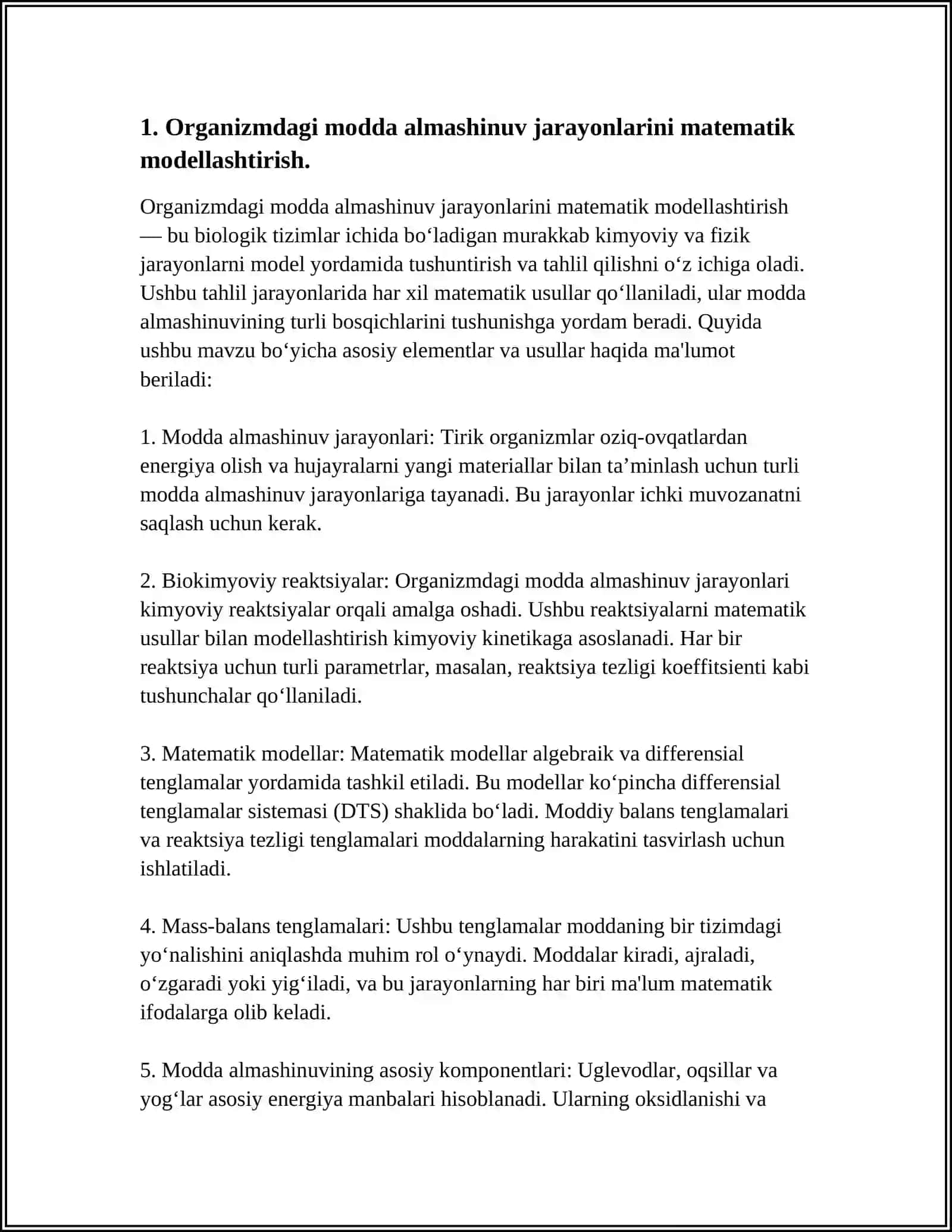 TIBBIY-BIOLOGIK MAZMUNDAGI DIFERENSIAL TENGLAMALARNINTUZISH VAYECHISH. TIBBIYOT,BIALOGIYA VA FARMASEVTIKANING AMALIY MASALALARINI OCHIB BERISH 3