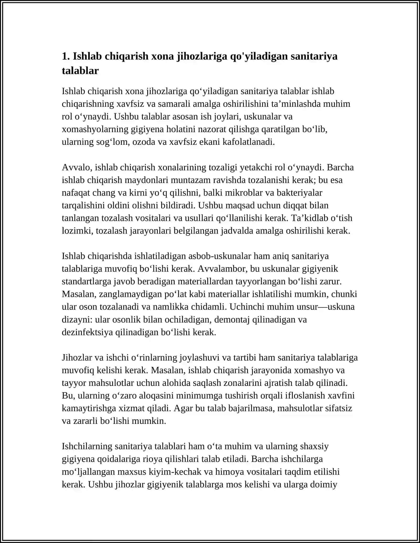 KORXONALAR JIHOZLARI, ASBOBLARI, ISITISH VA TARALARIGA QO'YILADIGAN SANITARIYA TALABLARI 3