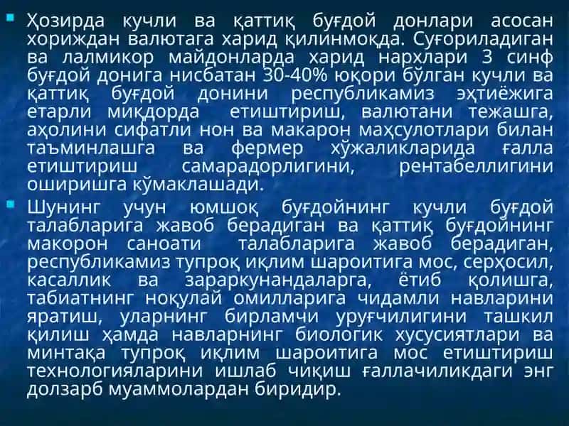 Нонбоп ва технологик сифат кўрсаткичлари юқори бўлган юмшоқ ва қаттиқ буғдой навларини уруғчилиги ҳамда етиштириш агротехнологияси(Муаммолар ва уларнинг ечимлари) 3