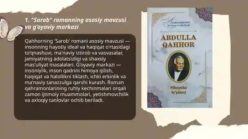"Sarob" romani hikoyalari "Òĝri" "Bemor" "Anor" asarlarini òqish va tahlil qilish 3