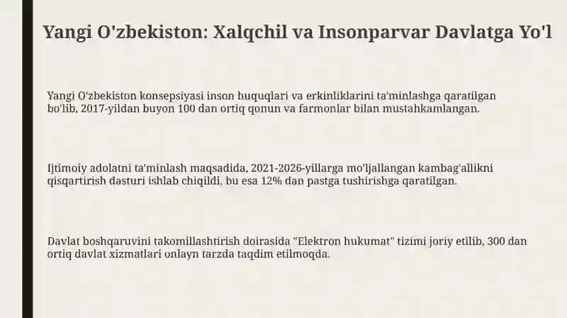 Yangi O'zbekiston: Xalqchil va Insonparvar Davlatga Yo'l 3