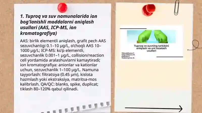 Tuproq va suvning ifloslanishida ion bog'lanishli birikmalarni aniqlab, ulardan tozalash usulini ishlab chiqish 3