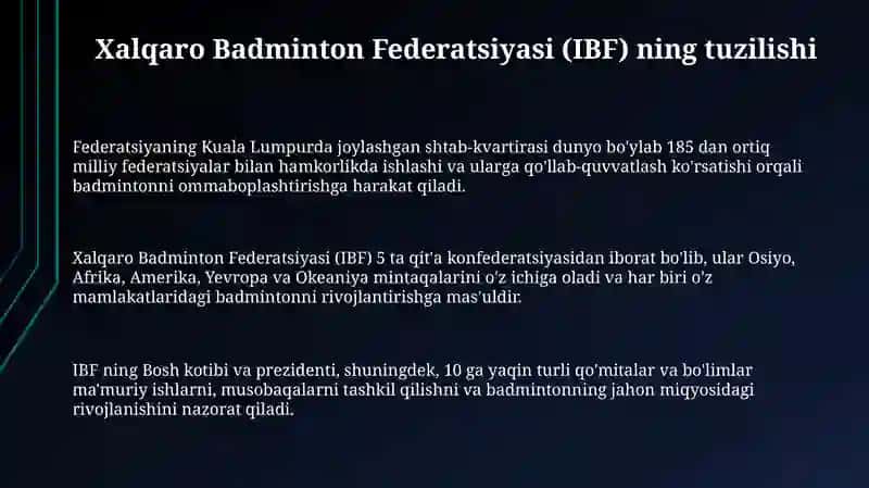 Badminton o'yinining kelib chiqishi va rivojlanish tarixi IHF tashkil topishi tuzilishi va faoliyati 3