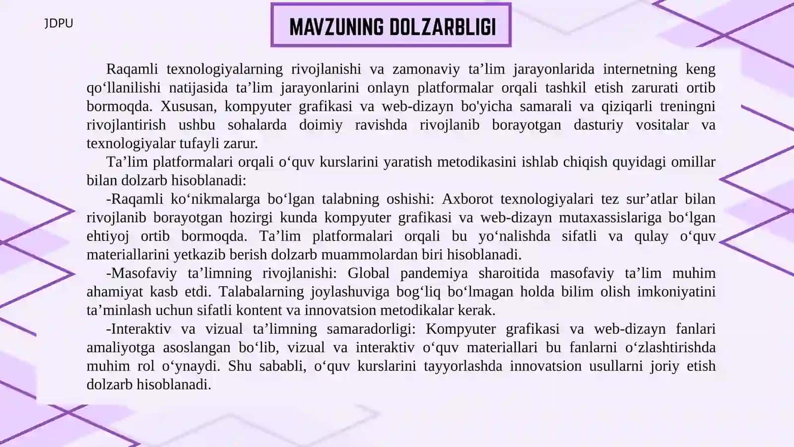 Magistrlik dissertatsiyasi: Ta’lim platformasidagi oʻquv kurslari uchun kontent yaratish metodikasi (Kompyuter grafikasi va web-dizayn fani misolida) 3