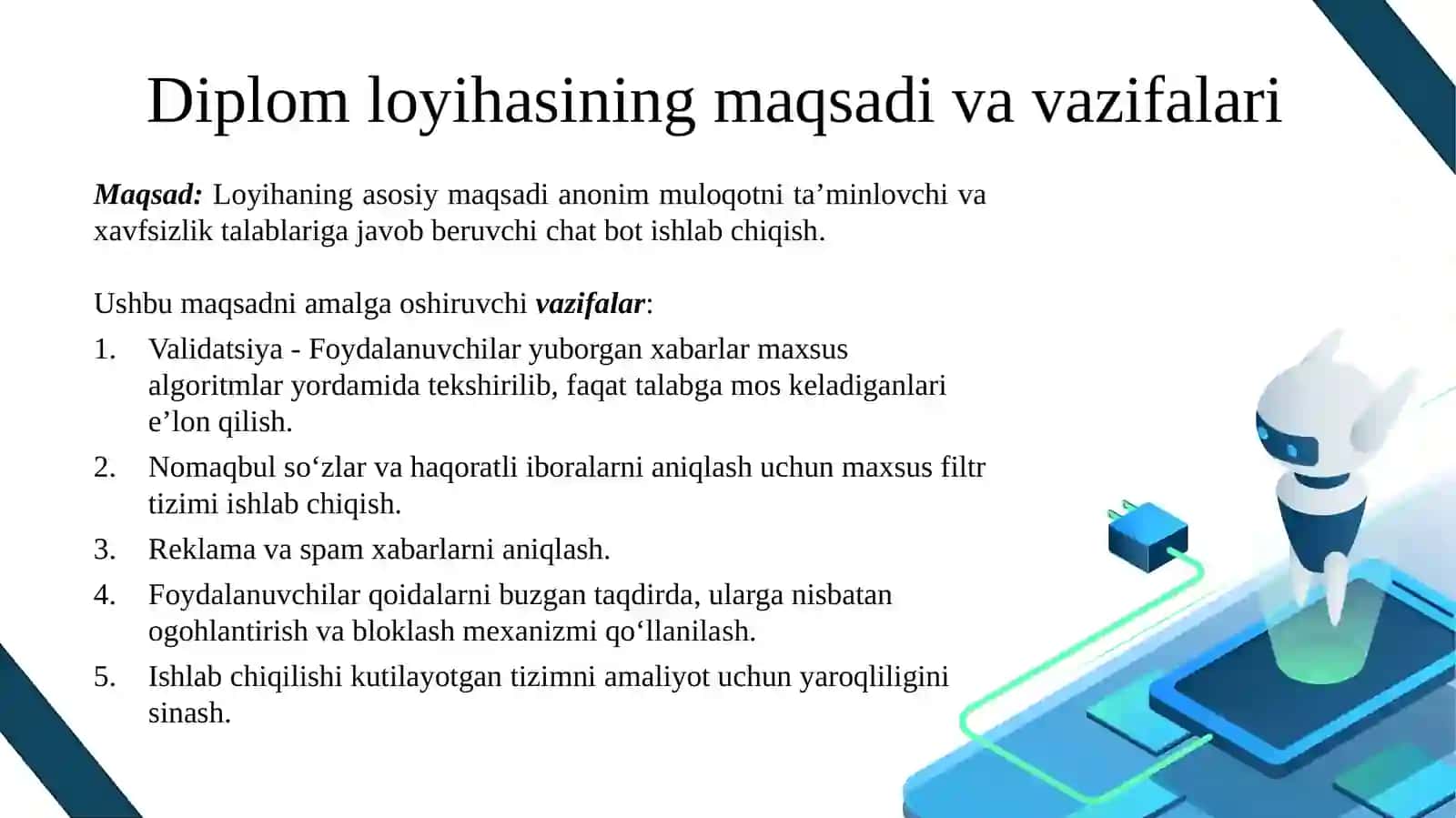 Diplom loyiha mavzusi: C# damaxfiylikni ta’minlovchi anonim chat-bot ishlab chiqish 3