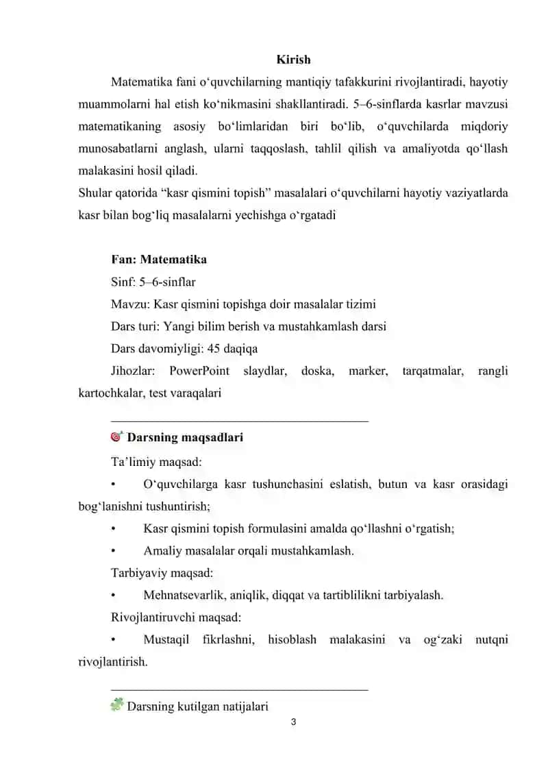 “5–6-sinflarda kasr qismini topishga doir masalalar tizimi“ mavzusida tayyorlagan  MIKRODARSI 3
