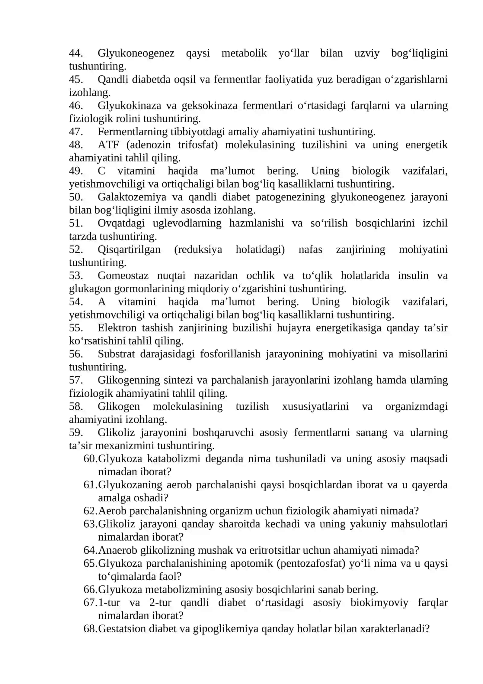 Biologik kimyo farmatsevtika kafedrasi Biokimyo fanidan yakuniy nazorat savollari 3