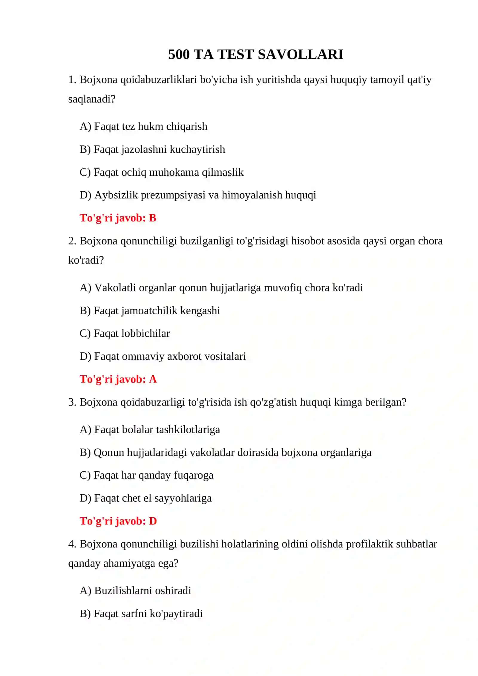 BOJXONA KODEKSI 500 TA TEST 3